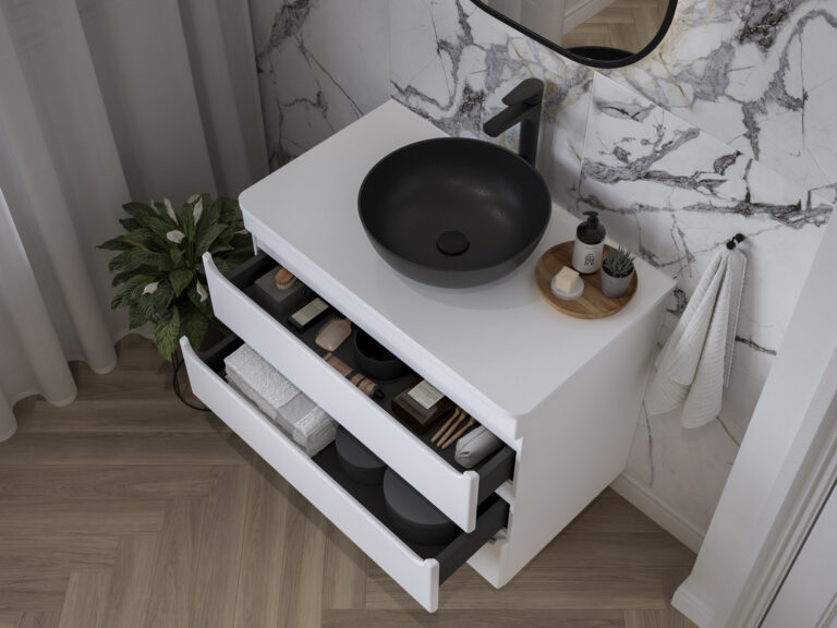 Veldeau vanity unit with both drawers open showing the divider storage inserts, below a black countertop basin