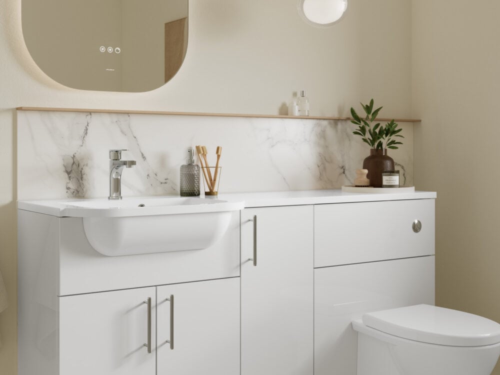 Veldeau Aston glossy white fitted bathroom furniture with a curved basin and timber slatted wall