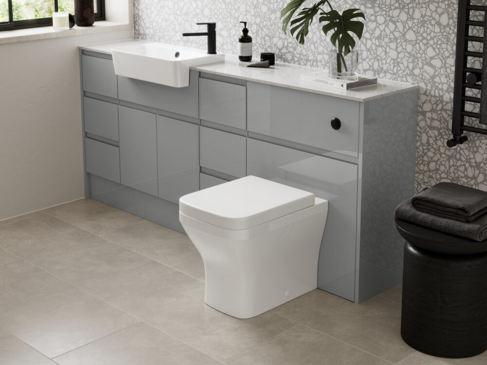 Veldeau Elmore glossy grey fitted furniture run with a countertop basin, WC and black fittings