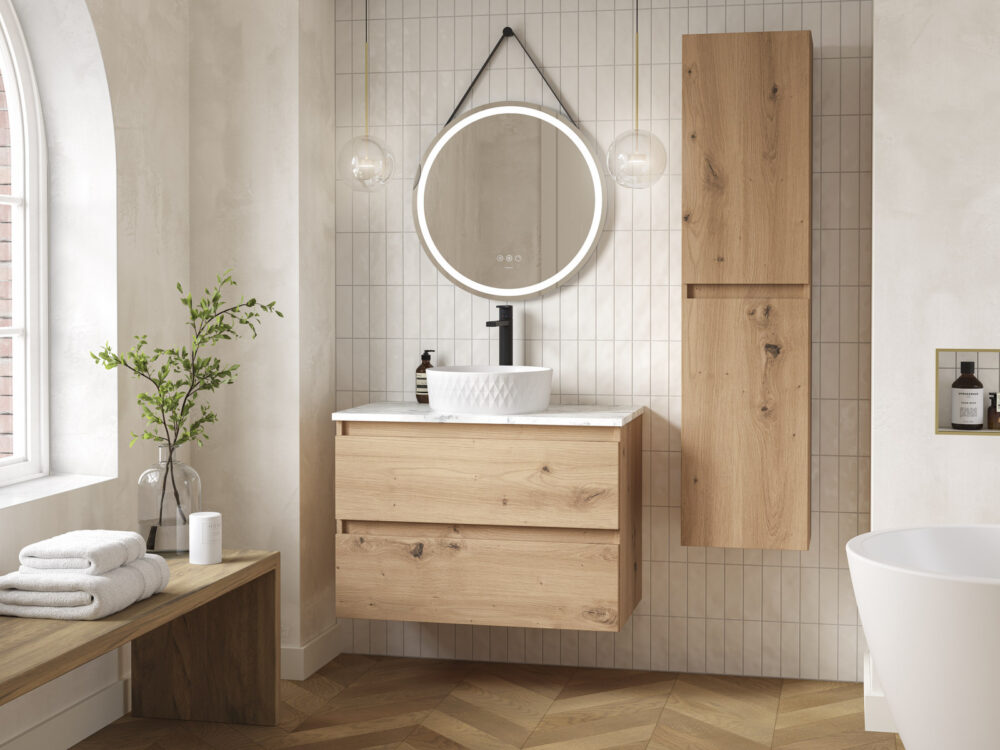 Veldeau Hartley craft oak wall-hung vanity with a round mirror on a leather strap and herringbone floor