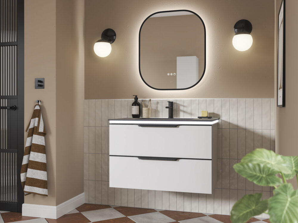 Veldeau Oakley white wall-hung vanity with black oak handles, an oval mirror and globe wall lights