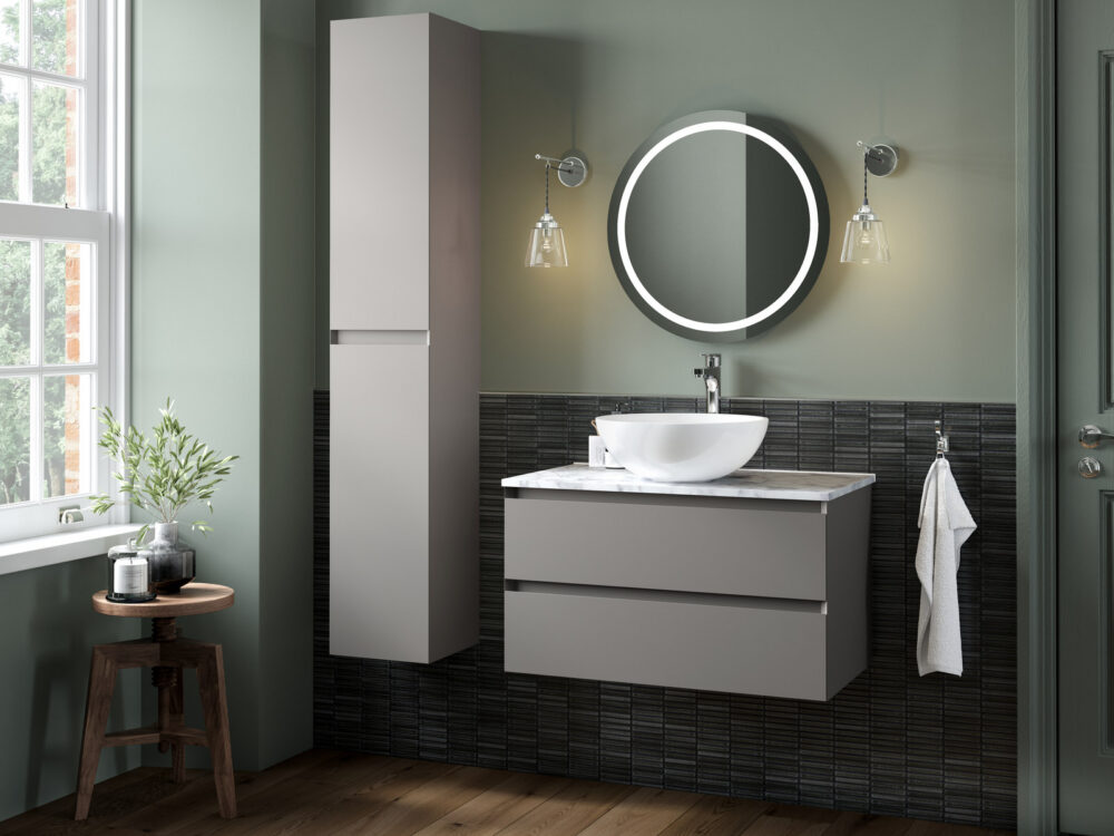Veldeau Verona matt truffle wall-hung vanity with a countertop basin, round illuminated mirror and tall unit