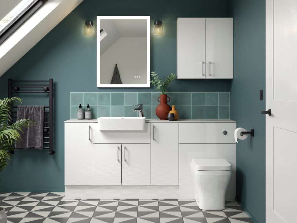 Veldeau Aston glossy white fitted furniture and toilet with a green wall and patterned floor