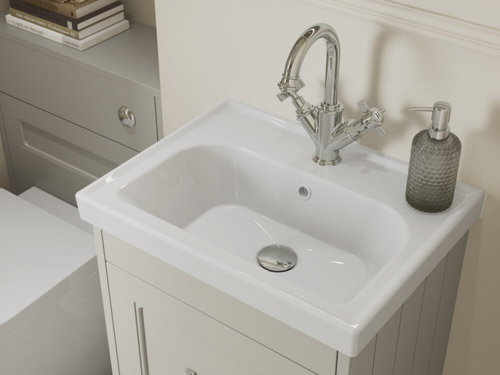 Veldeau Buckland matt stone vanity unit with a white basin and traditional chrome mixer