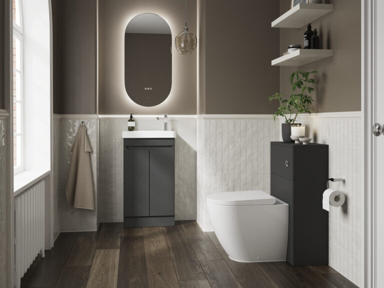 Veldeau Byford solid black WC unit and back-to-wall toilet with a cloakroom basin unit and illuminated mirror