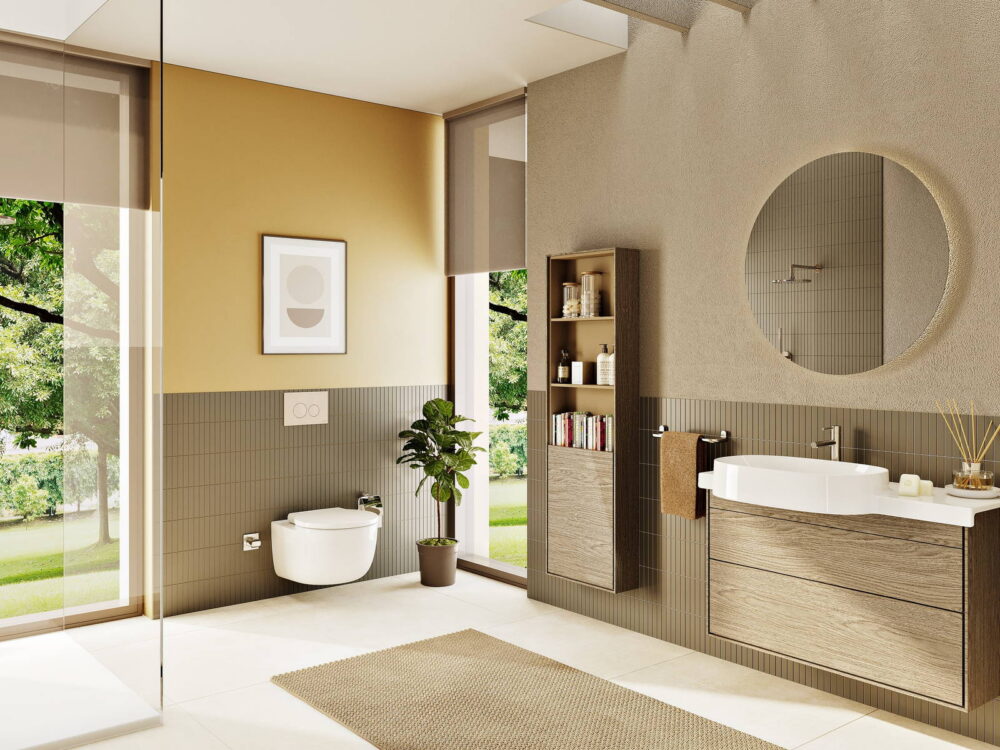 VitrA Origin timber vanity unit with a round mirror and tall storage beside a garden window