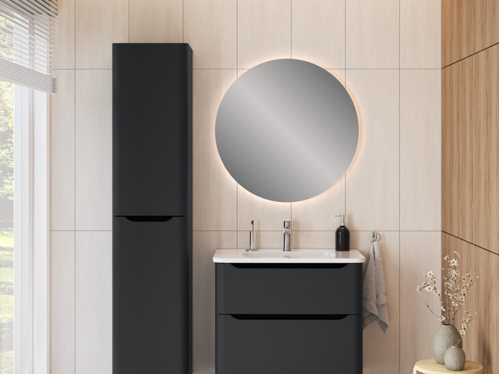 VitrA Sareta Round anthracite vanity and tall unit with a round backlit mirror