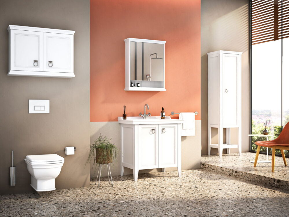 VitrA Valarte traditional white furniture and close-coupled WC against a terracotta wall