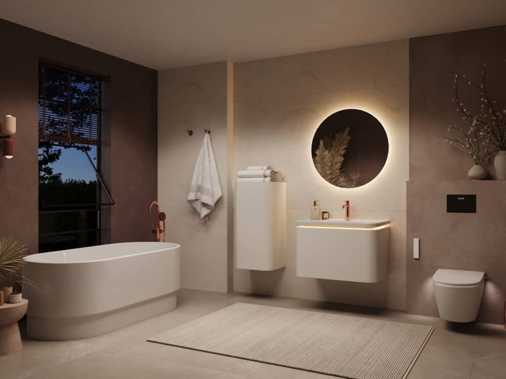 VitrA freestanding bath with a round backlit mirror, wall-hung vanity and timber panelling
