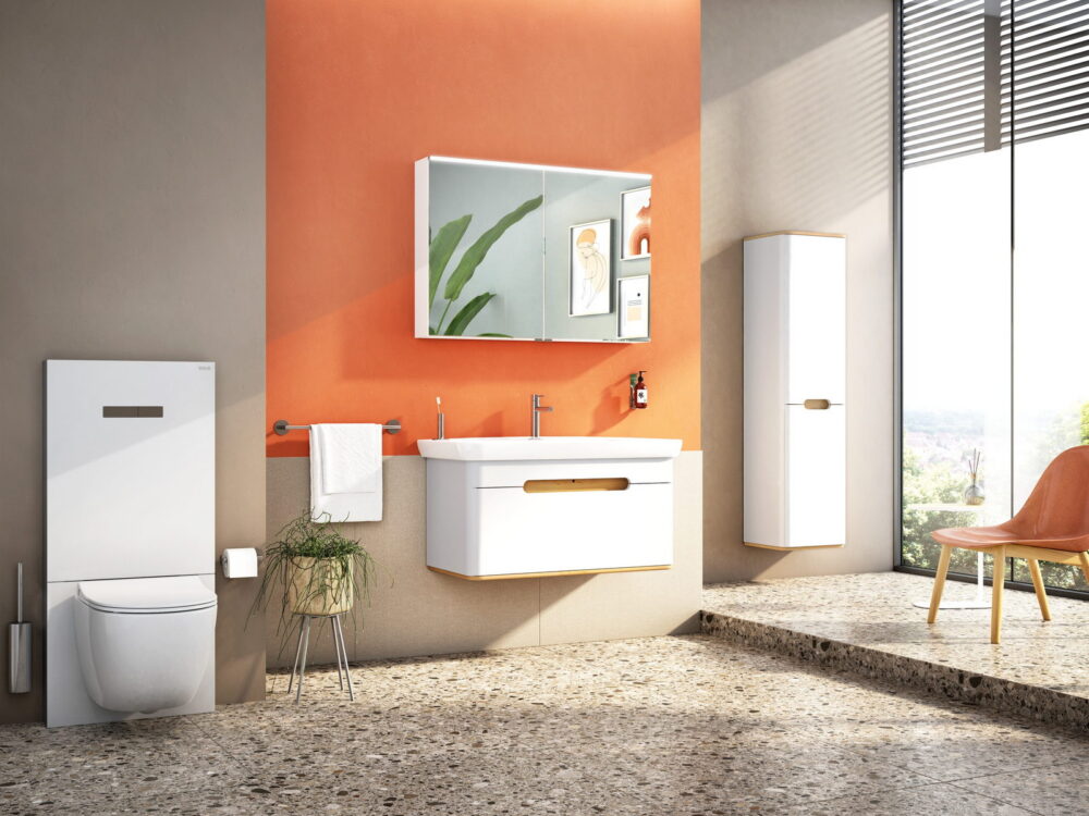 VitrA Vitrus wall-hung vanity and mirror cabinet with a concealed cistern and terrazzo floor