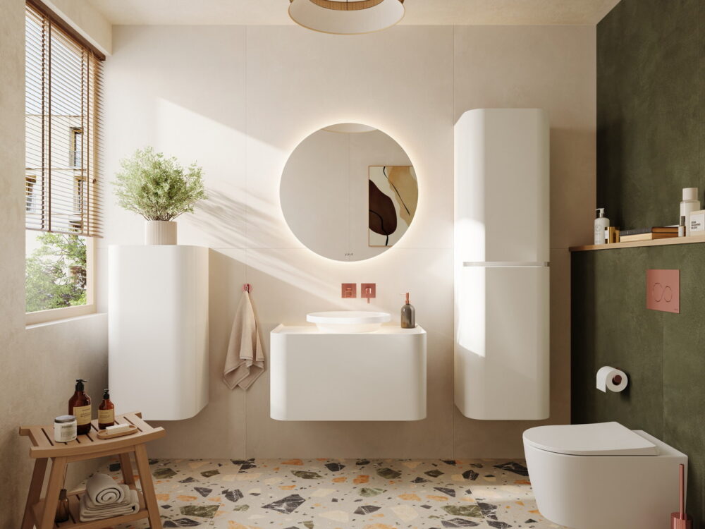 VitrA Glora wall-hung vanity and tall unit with a round mirror above a terrazzo floor