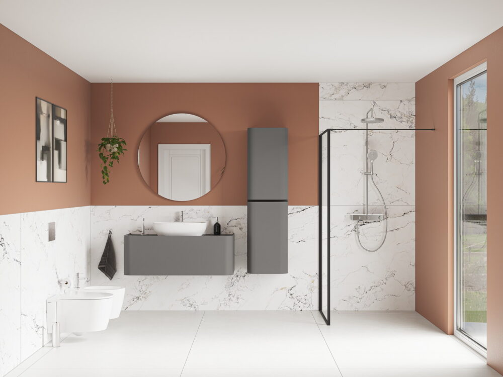 VitrA Glora bathroom with a walk-in shower, bath and illuminated mirror against marble