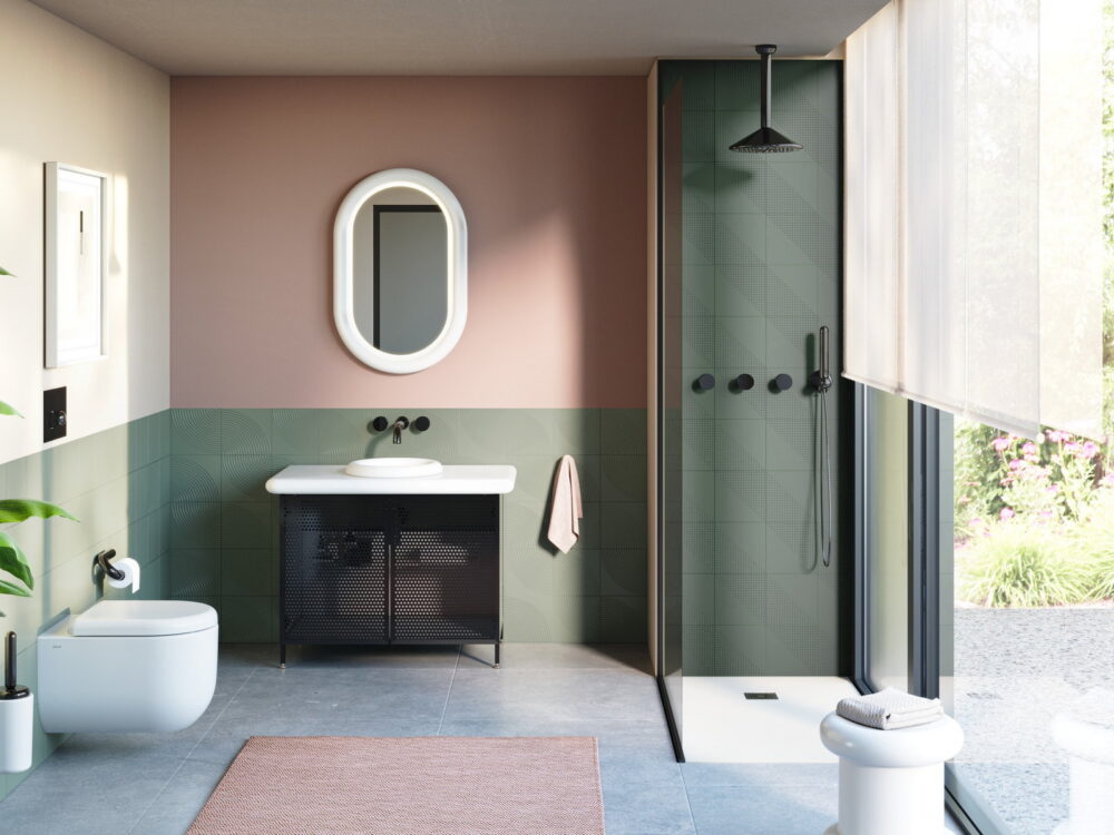 VitrA Liquid by Tom Dixon washbasin and wall-hung WC with a walk-in shower and garden view