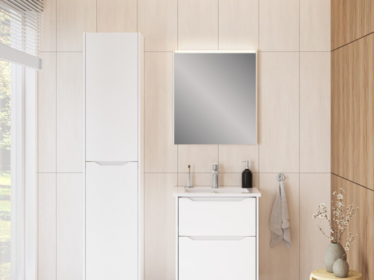 VitrA Sareta Square white wall-hung vanity unit and tall storage unit with a framed mirror