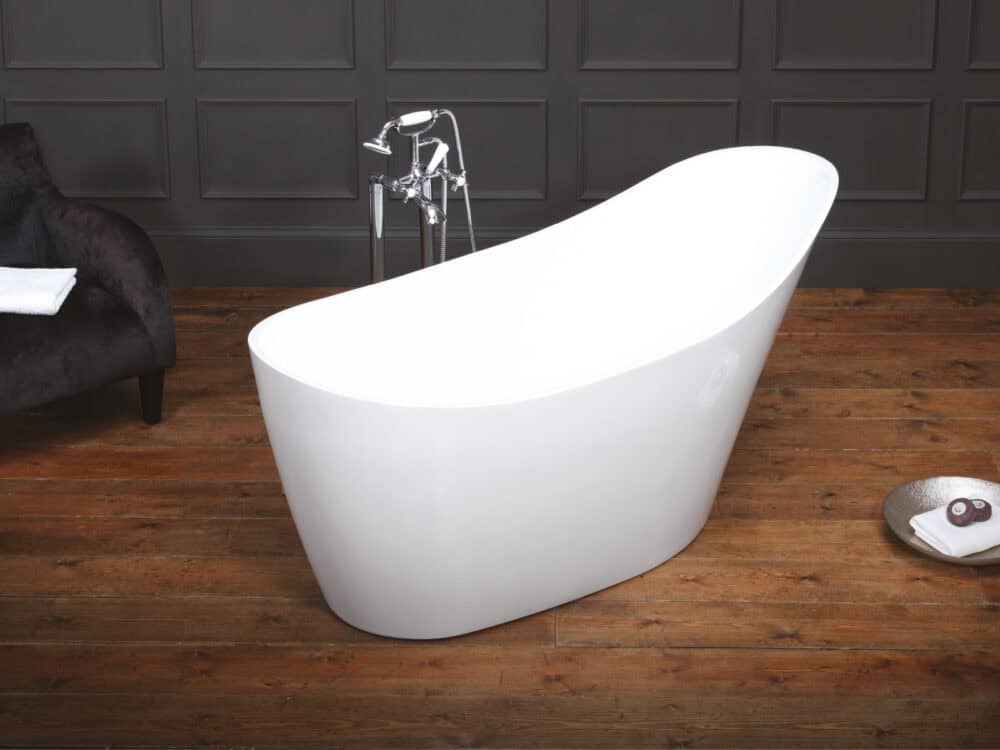Waters Wave slipper bath with a traditional telephone tap against dark panelling on a reclaimed timber floor