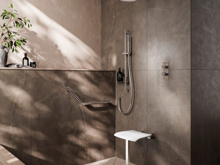 Wet room with concealed chrome shower, slide rail and fold-down seat